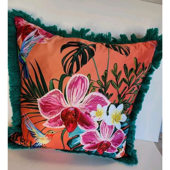 Teal Orange Pink Decorative Throw Pillow 18X18 Tropical Floral Hummingbird - Picture 6 of 7